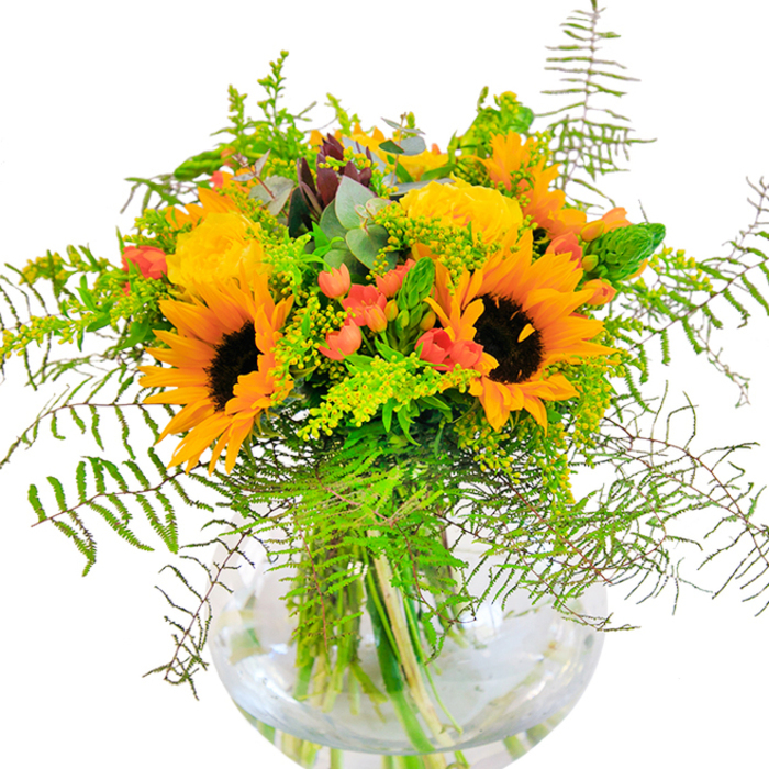 Drawing inspiration from the lively corners of Kentish Town, this arrangement is a radiant ode to joy and kinship. At its core, sunflowers unfurl golden petals-each one edged with a gentle amber glow, their dark centers gathering and holding the room's attention like a focal point in a creative workshop near Fortess Road. Swirling around them, yellow roses reveal intricate, velvet-soft layers-their unfoldment marking time like the steady rhythm of daily community life. Pops of bright red from Hypericum berries emerge throughout, adding sparkle and playful contrast to the mostly yellow and green canvas. Surrounding it all, lush ferns and airy, pale green filaments tumble gracefully, imbuing the ensemble with graceful movement and a whisper of the wild, green alleys found throughout the neighborhood. Cool, silvery eucalyptus leaves interject a refreshing aroma, balancing out the sunnier elements and enhancing the rustic charm. The arrangement sits in a classic, rounded glass vase, the stems elegantly crisscrossed beneath the water's clear surface-a visual testament to careful craftsmanship and local pride. Whether adorning a birthday breakfast table or serving as a heartfelt gesture on a Gray's Inn Road doorstep, this bouquet, expertly created by Kentish Town's own florists, brings warmth and exuberance to any occasion.