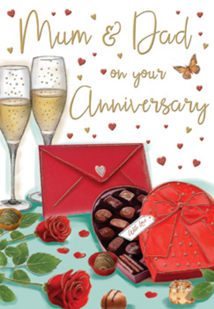 The anniversary card illustration portrays an intimate celebration scene, easily imagined in a homely Kentish Town living room, where small details speak of long-lasting love. Two elegant champagne flutes rise at the back of the composition, their slim stems and gently curved bowls rendered with careful highlights so that the golden sparkle of the drink inside stands out, bubbles suspended as if in anticipation of a loving clink. Directly in front, a heart-shaped box of chocolates becomes the focal point of indulgence, its bold red lid folded back to expose an assortment of precisely drawn chocolates, each piece unique in shape and surface texture, suggesting flavours selected to suit a loved one's tastes. To one side, two deep red roses rest on the table, lying naturally as though just set down from a fresh bouquet. The petals look soft and velvety, with subtle shading creating depth, while the surrounding foliage adds a fresh, leafy green contrast, reminiscent of flowers gathered from a local Kentish Town florist before heading home. The background is softened and light, adorned with drifting hearts painted in metallic gold and vibrant crimson, which seem to float and dance around the central elements, adding a joyful, romantic energy. In the foreground, a bright scarlet envelope lies securely sealed, a quiet signal of the handwritten message inside - perhaps recounting shared years living between Tufnell Park and Gospel Oak, or evenings spent exploring local streets. The card's palette of reds, golds, and soft neutrals, along with the gentle glow on glass and ribbon, creates a mood of warmth and gratitude. From a florist's viewpoint, the pairing of roses, chocolates, and champagne becomes a classic, comforting language of love, ideal for honouring an anniversary in Kentish Town.