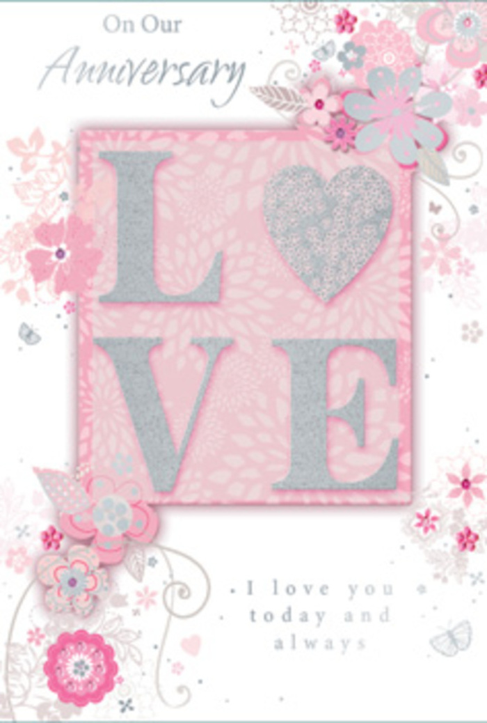 This anniversary card is presented as though opened on a sunlit table in a Kentish Town townhouse, its interior design bathed in soft, warm light that enhances every delicate detail. The central motif is the word LOVE, printed in a slightly understated yet still prominent typeface, each letter highlighted with a frosted, glittery sheen that gives a gentle, crystalline sparkle. Running your fingers across the word would reveal a satisfying texture, reminiscent of brushing over the raised veins of a fresh rose petal carefully arranged by Kentish Town Florist. Around the main text, wispy, hand-drawn blooms drift along the borders of the card, their colours a harmonious blend of blush pink, lilac-tinged ivory, and the faintest touch of grey, like the first blossoms you might notice in spring near Parliament Hill. The flowers are stylised rather than botanical, with slender, arching stems, delicate leaves, and softly sketched petals that seem to float rather than sit flat. Fine flourishes - curling filigree lines, dainty foliage, and tiny, almost-hidden butterflies - weave gently between the blooms, suggesting the quiet flutter of hearts and the soft stir of air around a fresh arrangement. The message I love you today and always rests in graceful, slightly curved lettering, neither overly ornate nor plain, creating an intimate, conversational tone. The soft pink background adds warmth, with subtle shading at the corners that gives depth and a sense of embrace. Overall, the card feels like a hand-tied bouquet translated into paper - serene, fragrant in imagination, and lovingly composed - perfect for honouring the daily, enduring love story of a couple sharing their life in Kentish Town, from early-morning coffees to late-night walks home.