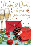 This anniversary card illustration feels like a snapshot of a lovingly prepared evening in Kentish Town, where simple pleasures mean the most. Two tall champagne flutes stand proudly at the back, their transparent forms carefully shaded so that the pale golden fizz inside appears to glow softly, trails of tiny bubbles rising as if catching the light from a nearby lamp. In front, an open heart-shaped chocolate box steals attention, its rich red lid tipped back and tied with an opulent bow, revealing an inviting selection of chocolates arranged in tidy rows, each truffle depicted with smooth contours and a gentle shine that hints at creamy centres. Resting nearby on the tabletop, two deep red roses bring all the romance of a fresh bouquet into the scene, their lush petals unfolding in layers of crimson, accented by glossy green leaves that recall stems freshly arranged at Kentish Town Florist for local deliveries. Scattered throughout the pale background, delicate hearts in shimmering gold and bright red drift and overlap, creating a soft sense of movement, like affectionate thoughts swirling around a couple on their special day. A bright scarlet envelope, closed and slightly overlapping the chocolates, suggests a personal note brimming with tenderness - perhaps reflections on years spent walking to Hampstead Heath or enjoying evenings around Kentish Town Road. The warm palette of reds, golds, and cream tones, together with gentle reflections on glass and ribbon, wraps the whole design in a feeling of comfort and joy. To a florist accustomed to marking milestones for local families, this scene feels like a visual expression of what many anniversaries in Kentish Town look like: roses, sweets, champagne, and the steady glow of enduring love.